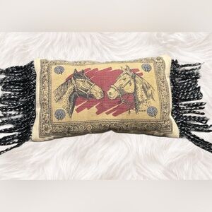 Vintage Style Horse Equestrian Throw Pillow Fringe Rustic Lodge Decor